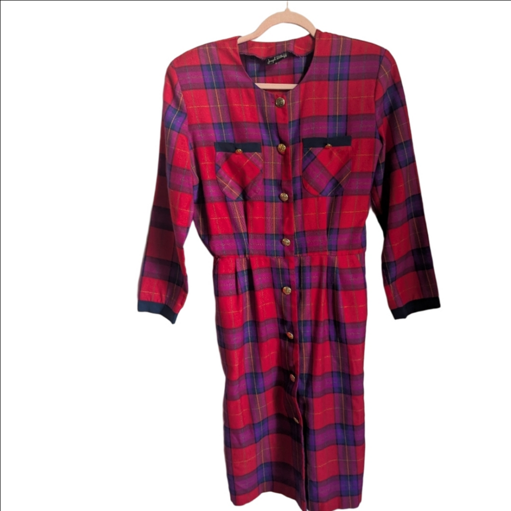 VINTAGE JOSEPH RIBKOFF Red Purple Tartan Midi Secretary Dress Size Medium